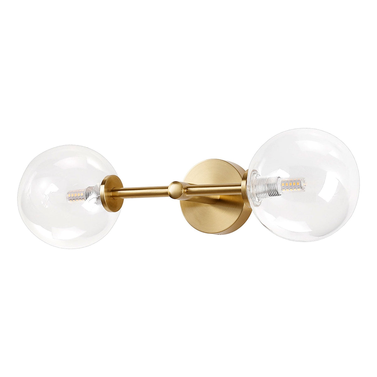 Tenterden Medium Twin Arm IP44 Wall Light in Brass Gold with Smooth Round Clear Glass Diffusers