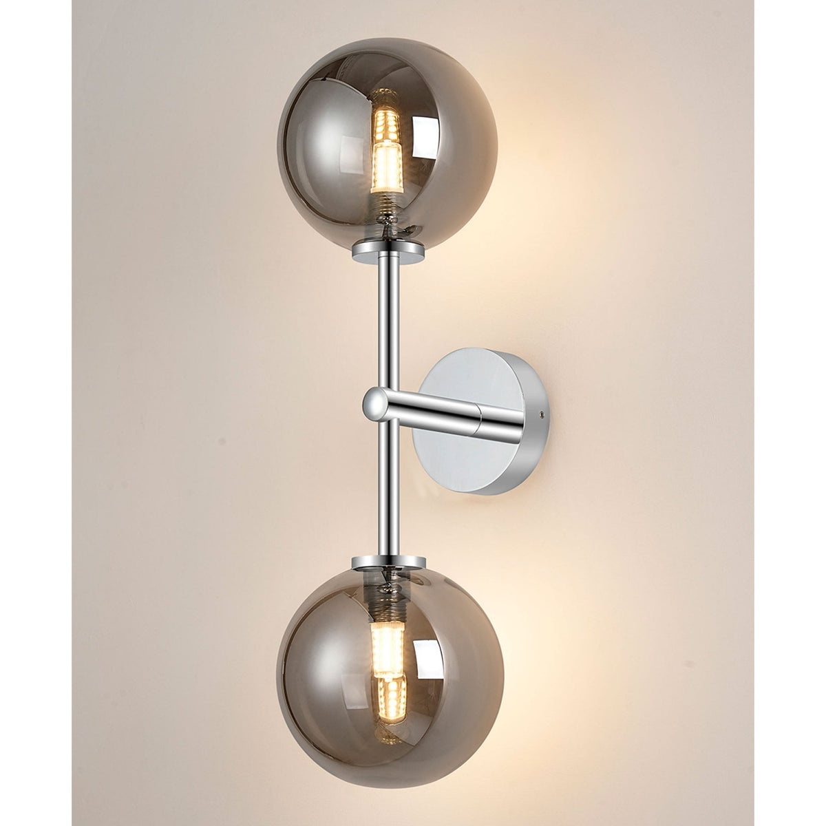 Tenterden Medium Twin Arm IP44 Wall Light in Chrome with Smooth Round Smoke Glass Diffusers