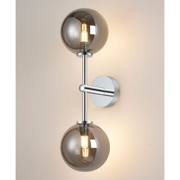 Tenterden Medium Twin Arm IP44 Wall Light in Chrome with Smooth Round Smoke Glass Diffusers