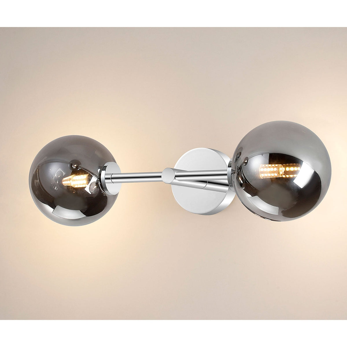 Tenterden Medium Twin Arm IP44 Wall Light in Chrome with Smooth Round Smoke Glass Diffusers