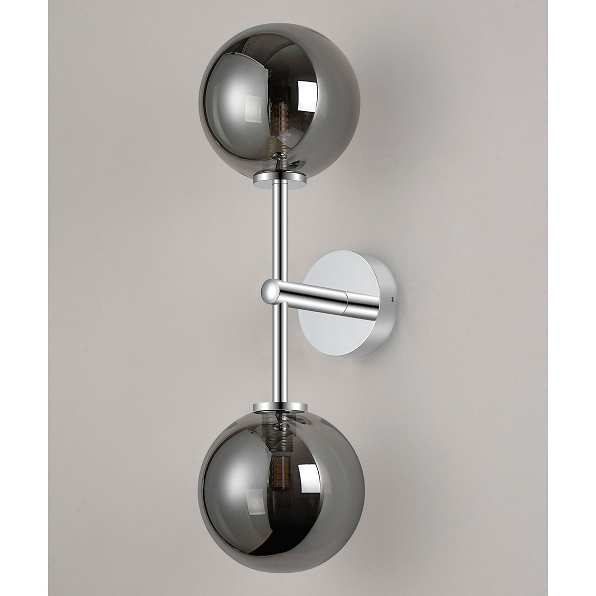 Tenterden Medium Twin Arm IP44 Wall Light in Chrome with Smooth Round Smoke Glass Diffusers