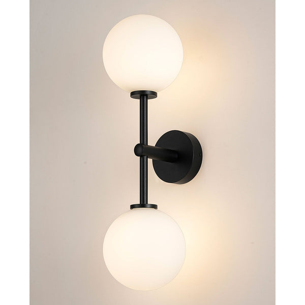 Tenterden Medium Twin Arm IP44 Wall Light in Satin Black with Smooth Round Opal Glass Diffusers