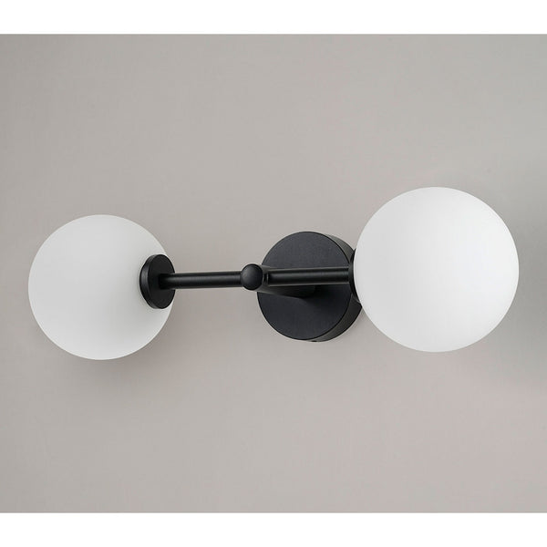 Tenterden Medium Twin Arm IP44 Wall Light in Satin Black with Smooth Round Opal Glass Diffusers