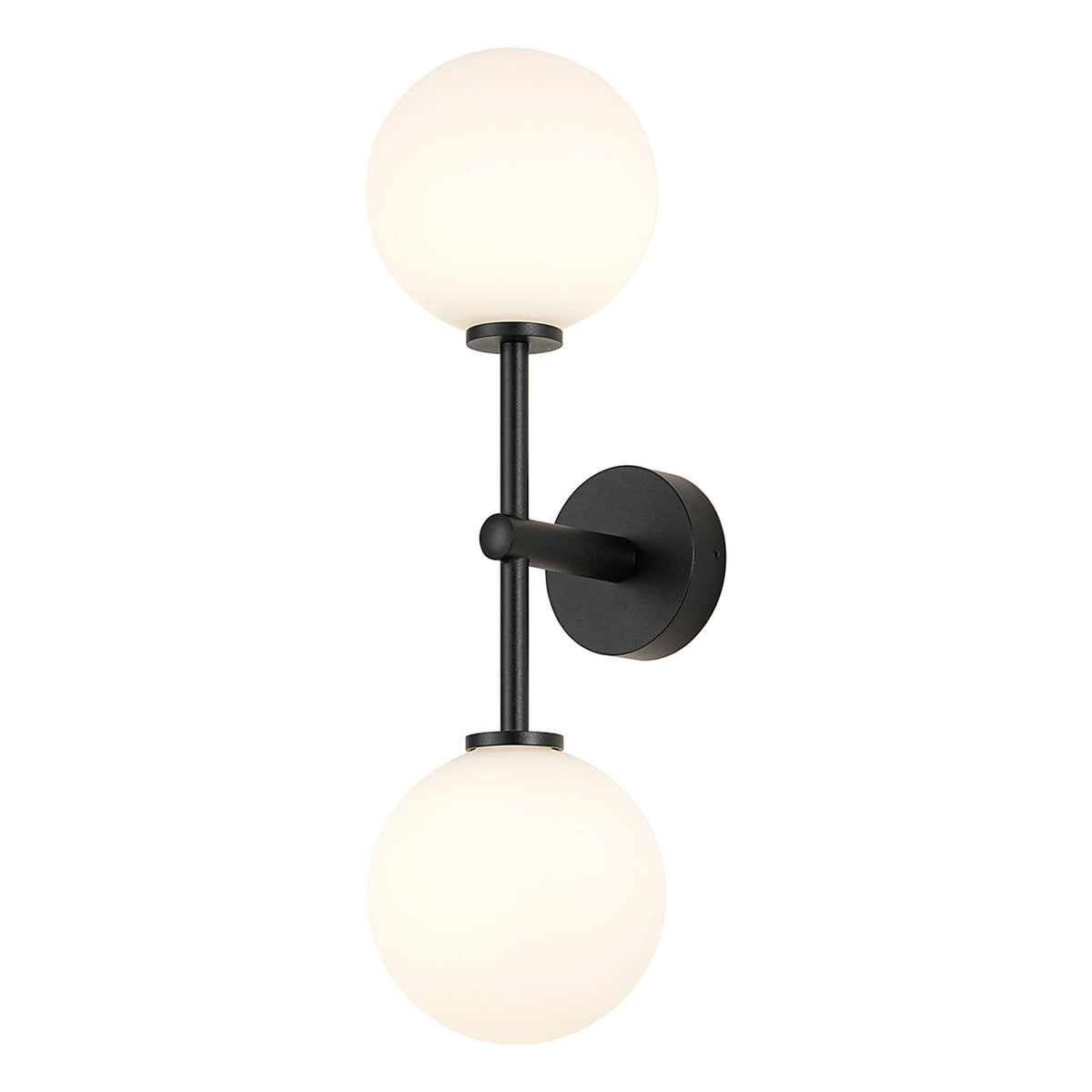 Tenterden Medium Twin Arm IP44 Wall Light in Satin Black with Smooth Round Opal Glass Diffusers