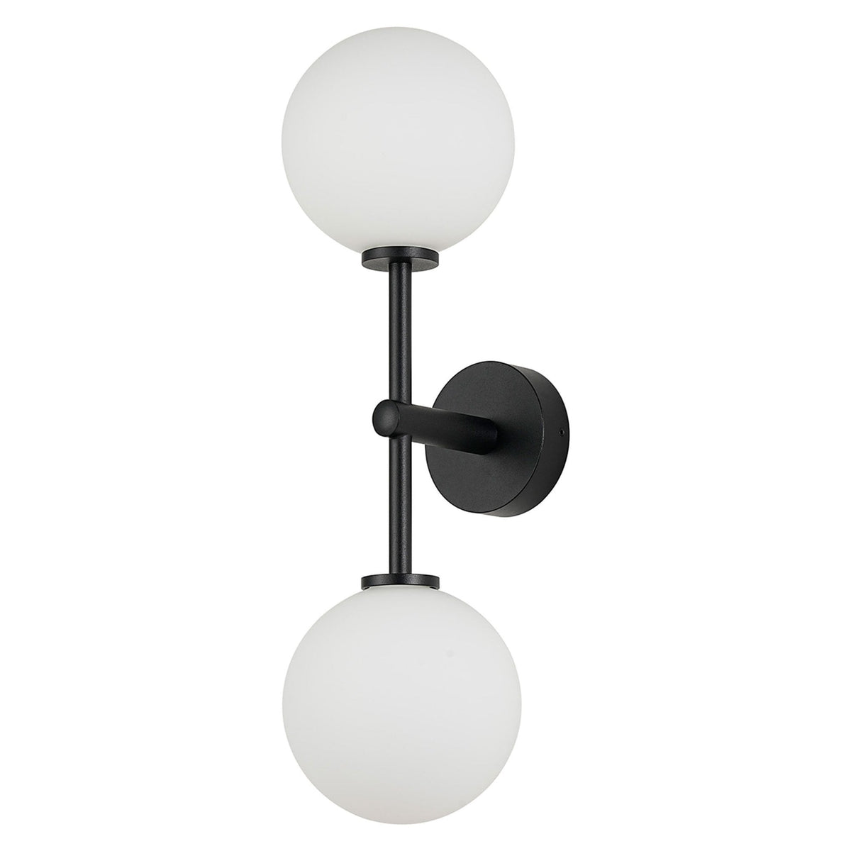 Tenterden Medium Twin Arm IP44 Wall Light in Satin Black with Smooth Round Opal Glass Diffusers