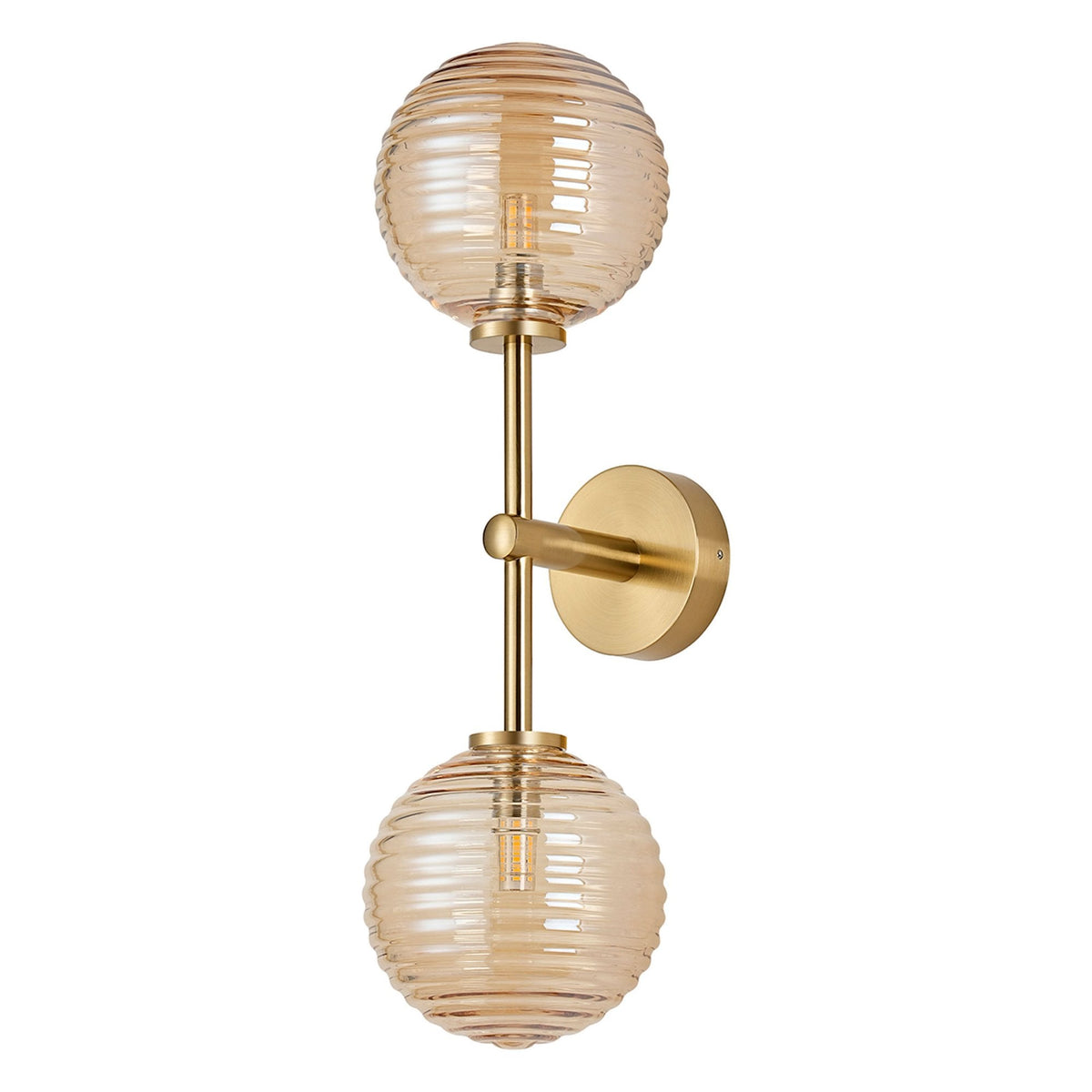 A vertical brass wall light with two amber ribbed glass globe shades on a white background.