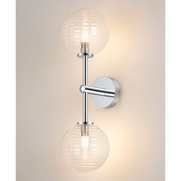 Tenterden Medium Twin Arm IP44 Wall Light in Chrome with Ribbed Round Clear Glass Diffusers