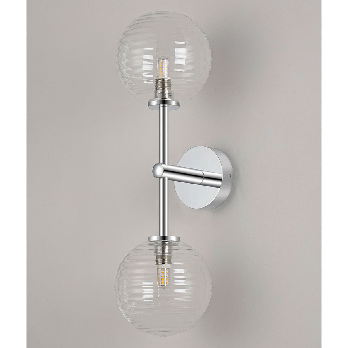 Tenterden Medium Twin Arm IP44 Wall Light in Chrome with Ribbed Round Clear Glass Diffusers