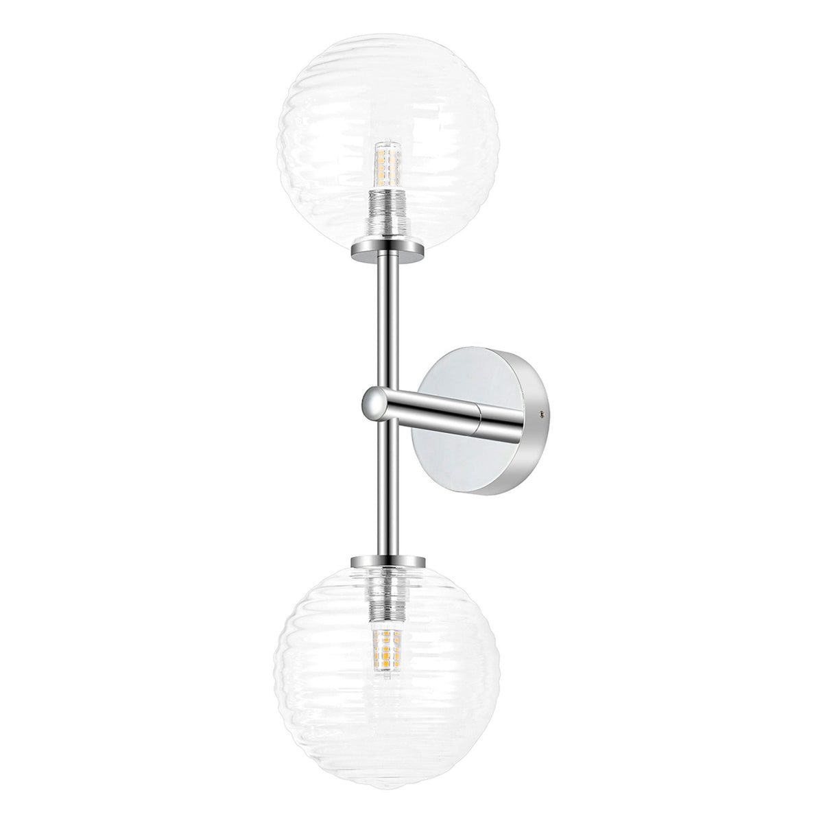 Tenterden Medium Twin Arm IP44 Wall Light in Chrome with Ribbed Round Clear Glass Diffusers