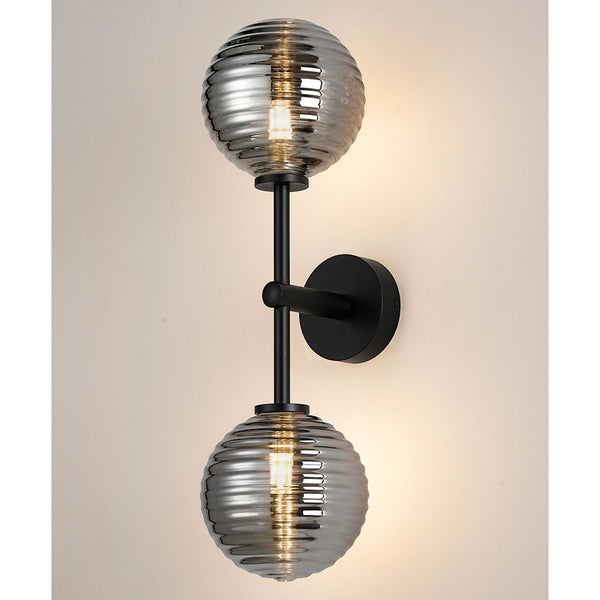Tenterden Medium Twin Arm IP44 Wall Light in Satin Black with Ribbed Round Smoke Glass Diffusers