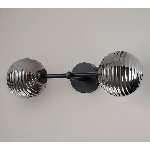 Tenterden Medium Twin Arm IP44 Wall Light in Satin Black with Ribbed Round Smoke Glass Diffusers