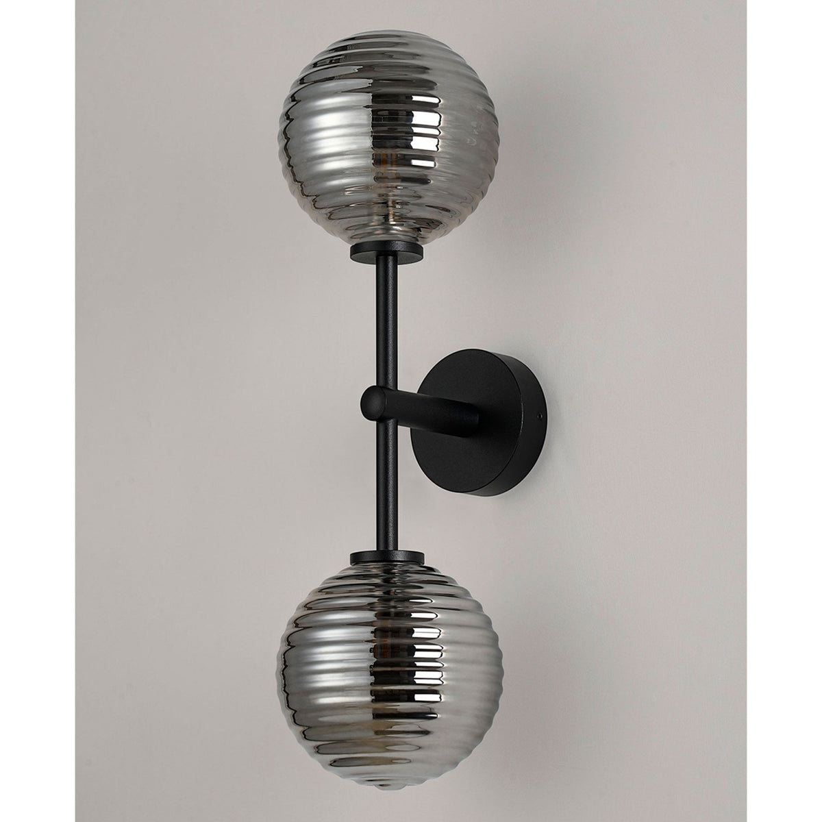 Tenterden Medium Twin Arm IP44 Wall Light in Satin Black with Ribbed Round Smoke Glass Diffusers