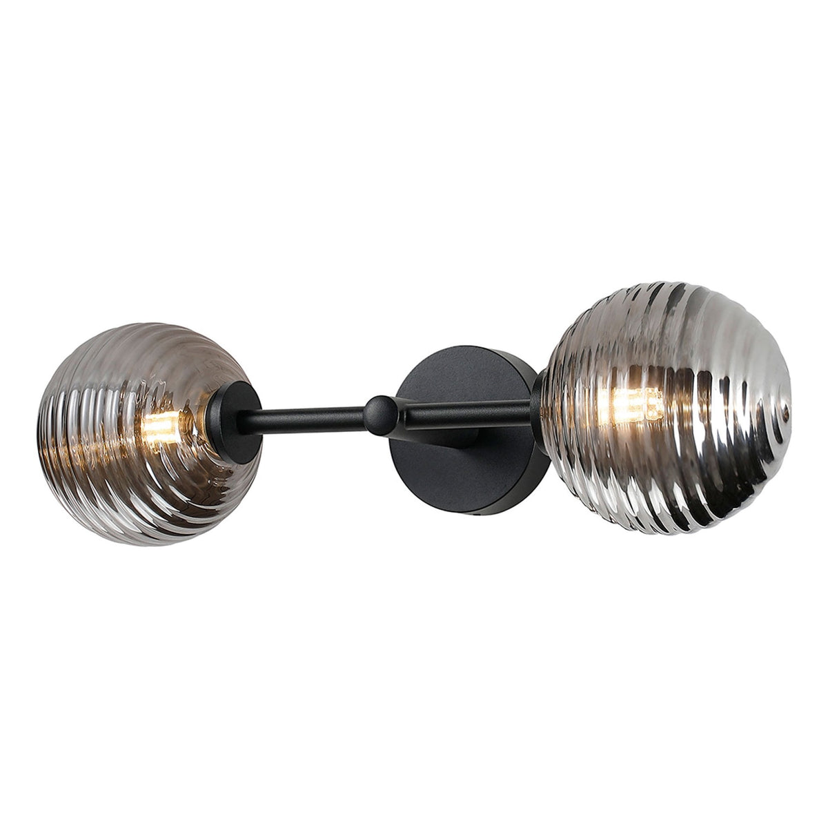 Tenterden Medium Twin Arm IP44 Wall Light in Satin Black with Ribbed Round Smoke Glass Diffusers