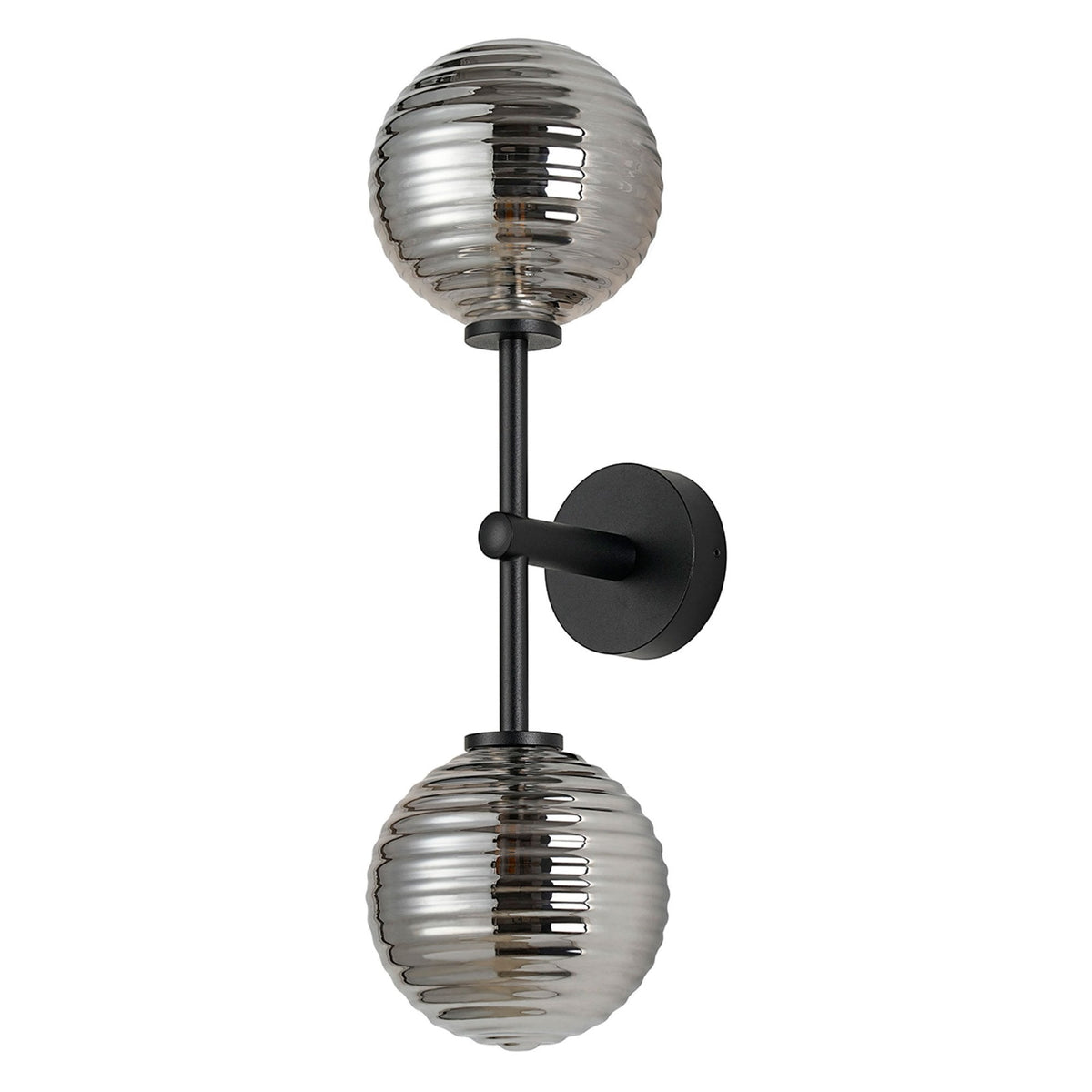 Tenterden Medium Twin Arm IP44 Wall Light in Satin Black with Ribbed Round Smoke Glass Diffusers