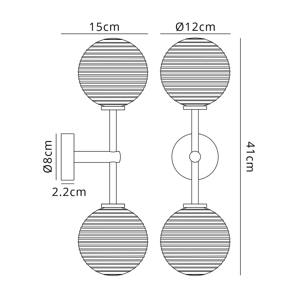Tenterden Medium Twin Arm IP44 Wall Light in Satin Black with Ribbed Round Smoke Glass Diffusers