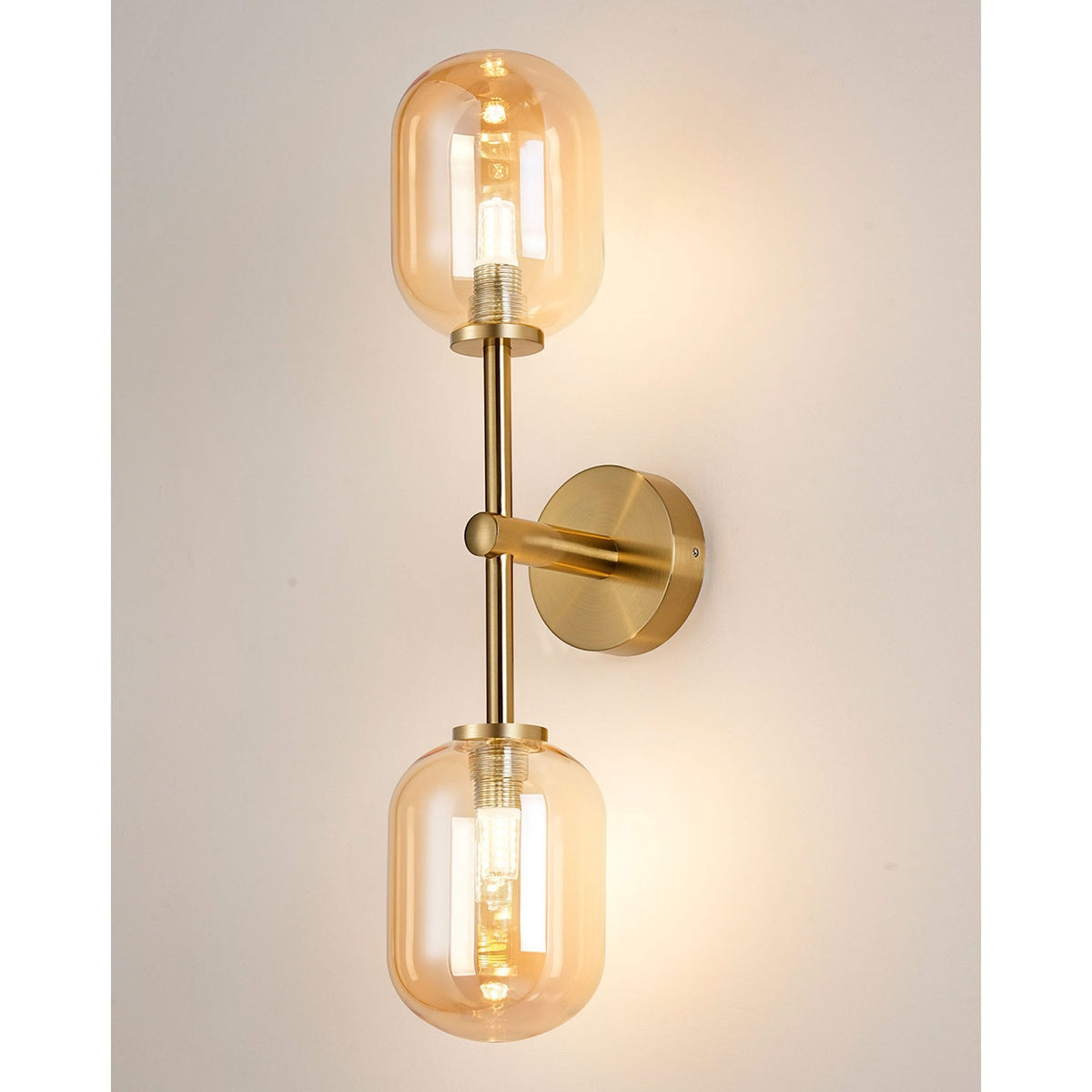 Tenterden Medium Twin Arm IP44 Wall Light in Brass Gold with Smooth Tubular Amber Glass Diffusers