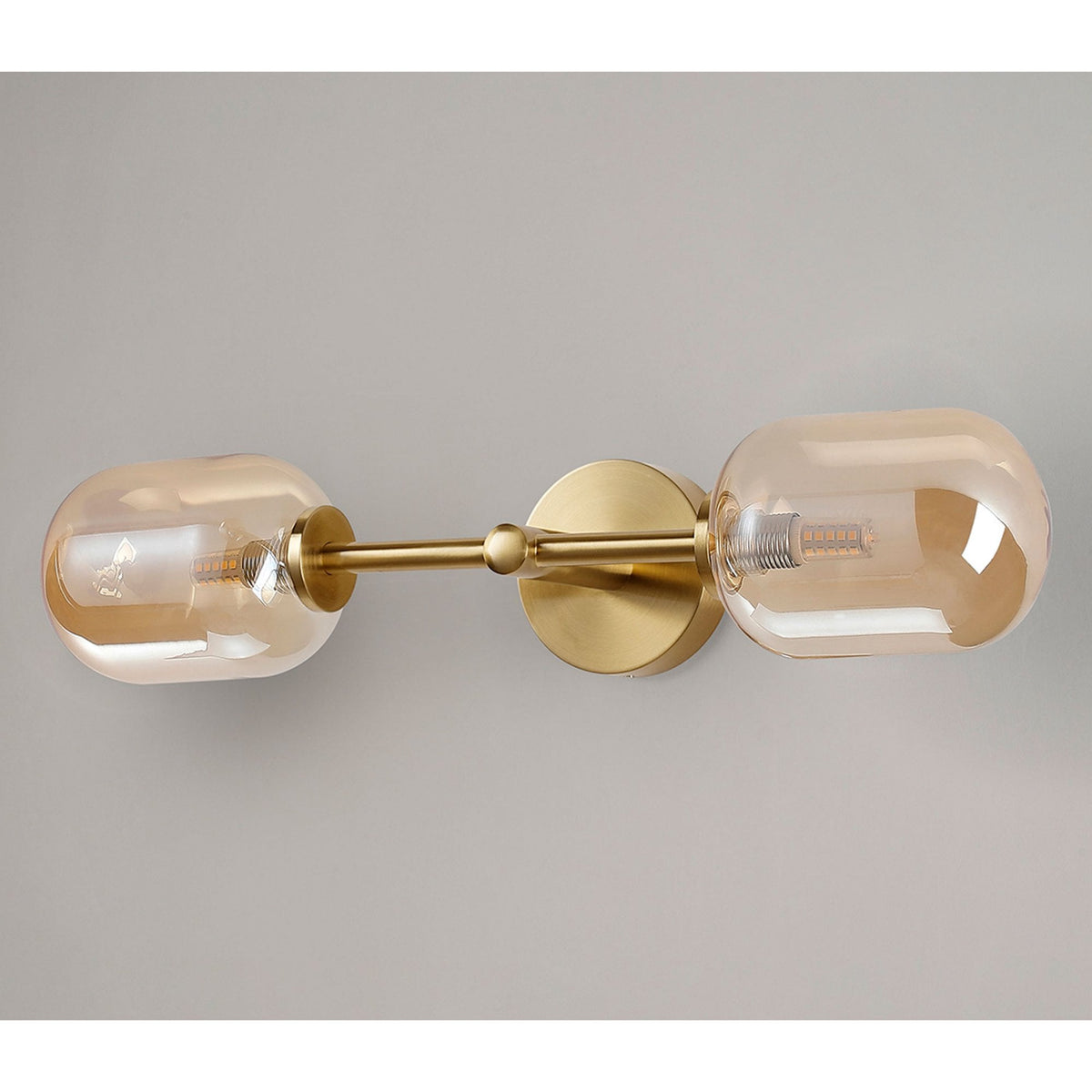 Tenterden Medium Twin Arm IP44 Wall Light in Brass Gold with Smooth Tubular Amber Glass Diffusers