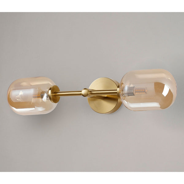 Tenterden Medium Twin Arm IP44 Wall Light in Brass Gold with Smooth Tubular Amber Glass Diffusers