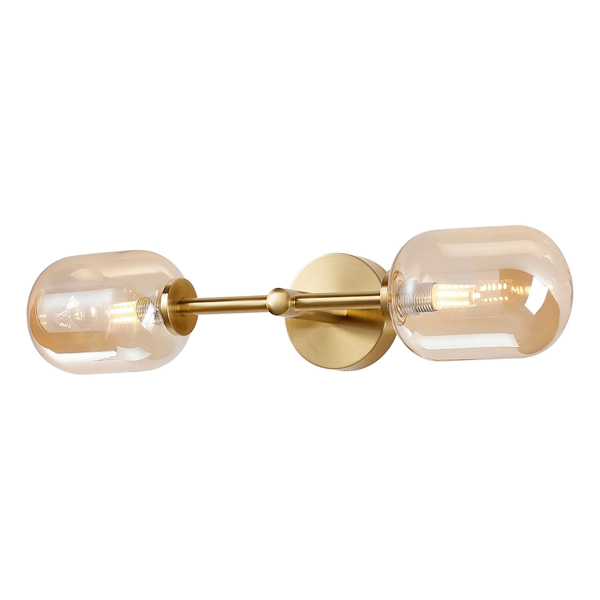 Tenterden Medium Twin Arm IP44 Wall Light in Brass Gold with Smooth Tubular Amber Glass Diffusers