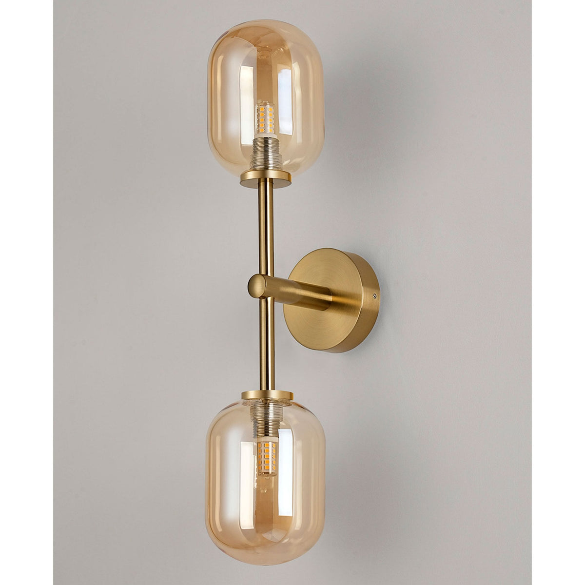 Tenterden Medium Twin Arm IP44 Wall Light in Brass Gold with Smooth Tubular Amber Glass Diffusers