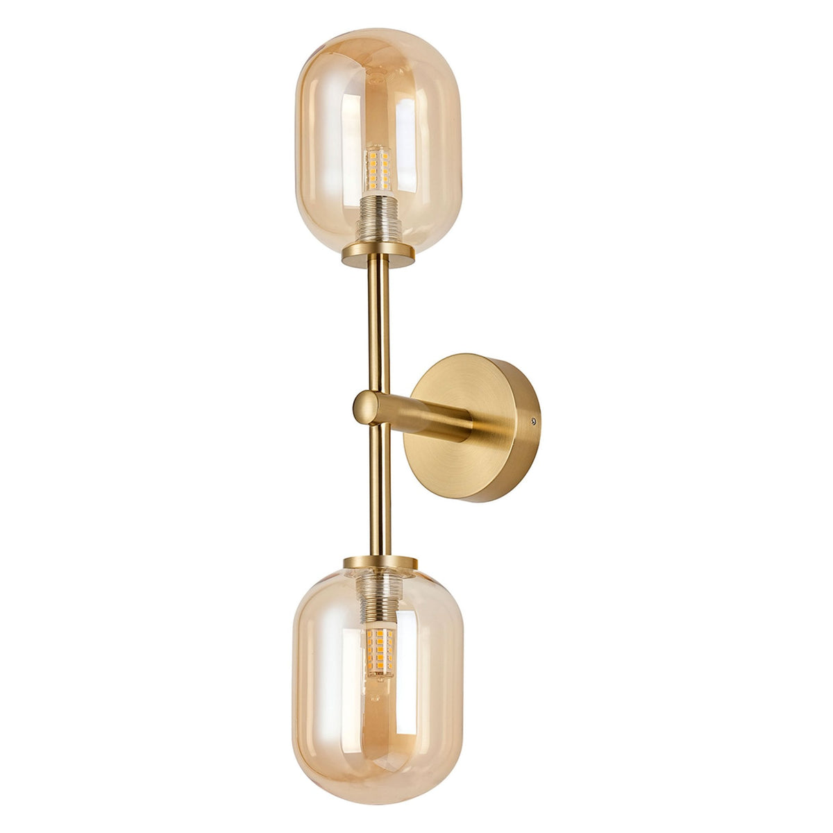Tenterden Medium Twin Arm IP44 Wall Light in Brass Gold with Smooth Tubular Amber Glass Diffusers