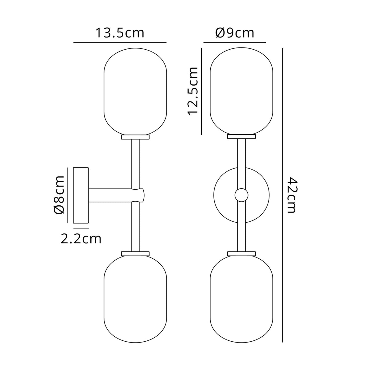 Tenterden Medium Twin Arm IP44 Wall Light in Brass Gold with Smooth Tubular Amber Glass Diffusers