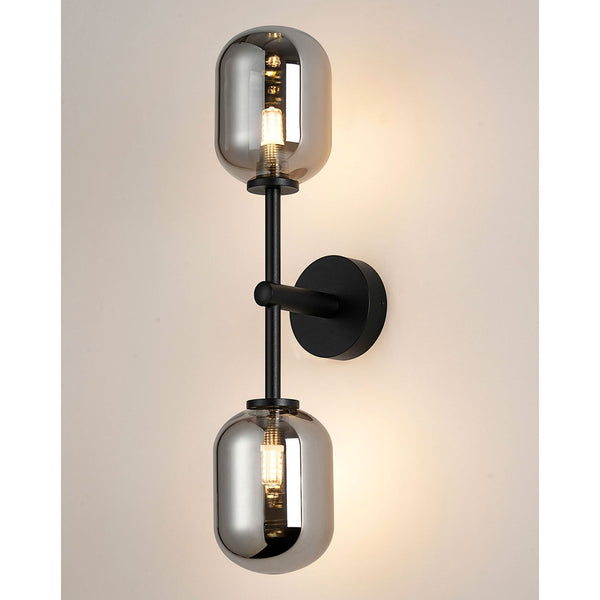 Tenterden Medium Twin Arm IP44 Wall Light in Satin Black with Smooth Tubular Smoke Glass Diffusers