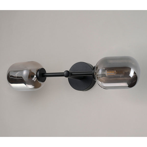 Tenterden Medium Twin Arm IP44 Wall Light in Satin Black with Smooth Tubular Smoke Glass Diffusers