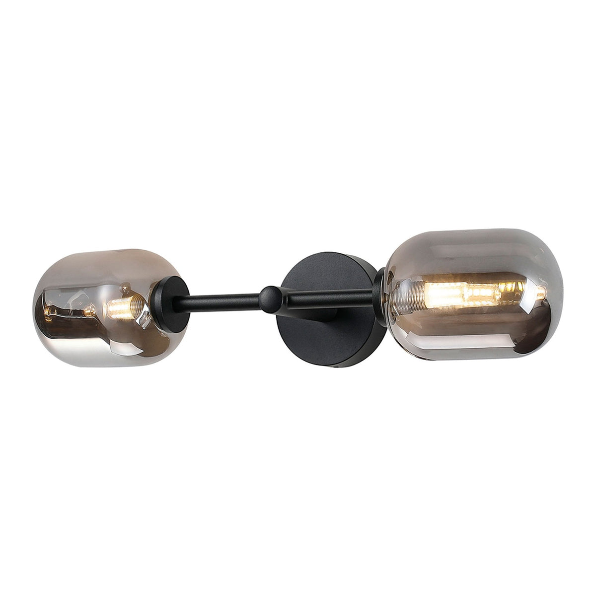 Tenterden Medium Twin Arm IP44 Wall Light in Satin Black with Smooth Tubular Smoke Glass Diffusers