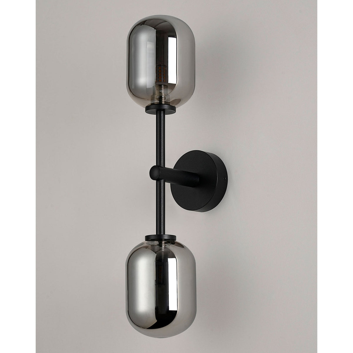Tenterden Medium Twin Arm IP44 Wall Light in Satin Black with Smooth Tubular Smoke Glass Diffusers