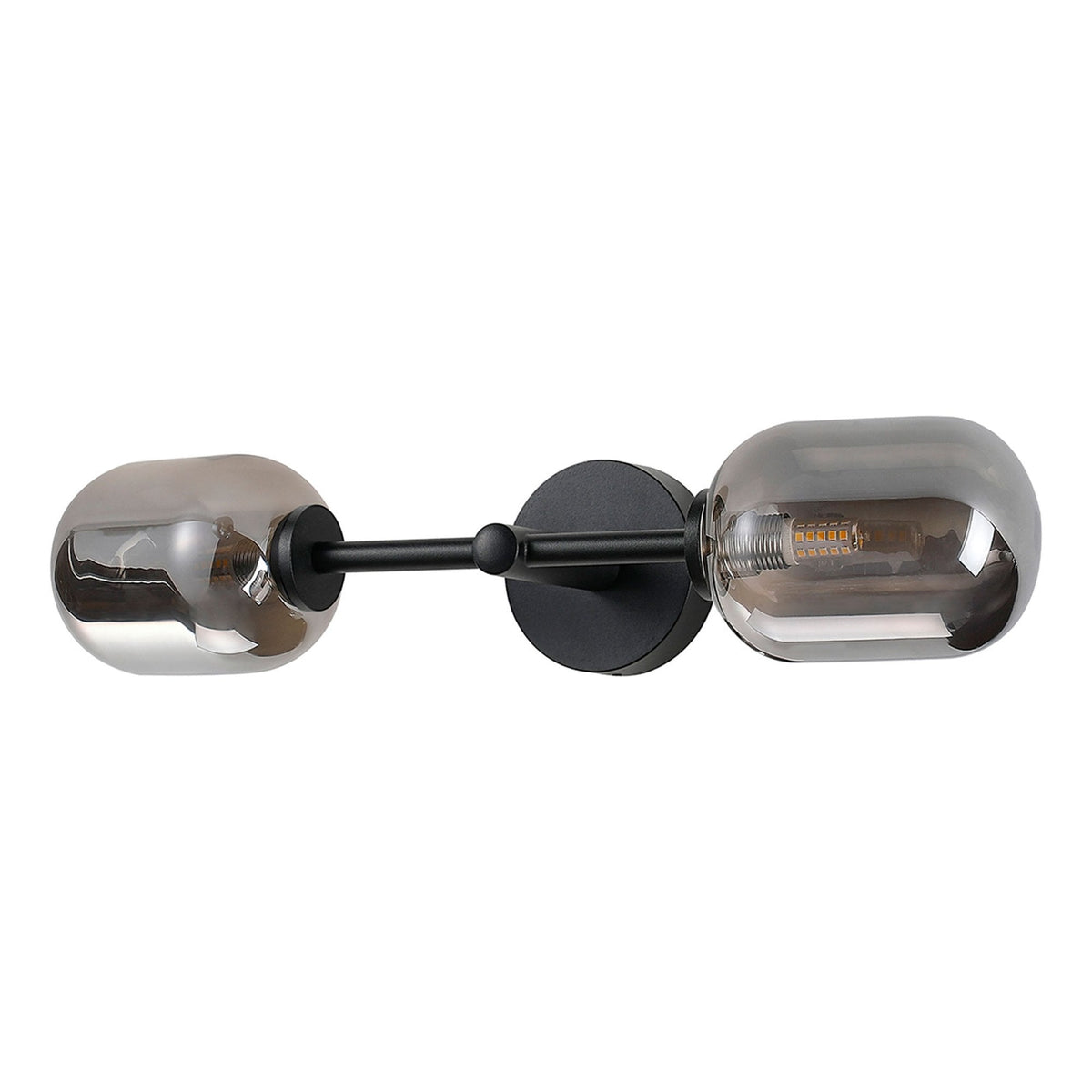 Tenterden Medium Twin Arm IP44 Wall Light in Satin Black with Smooth Tubular Smoke Glass Diffusers