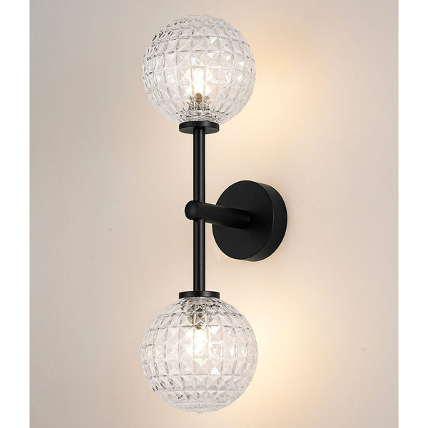Tenterden Medium Twin Arm IP44 Wall Light in Satin Black with Cross Pattern Round Clear Glass Diffusers