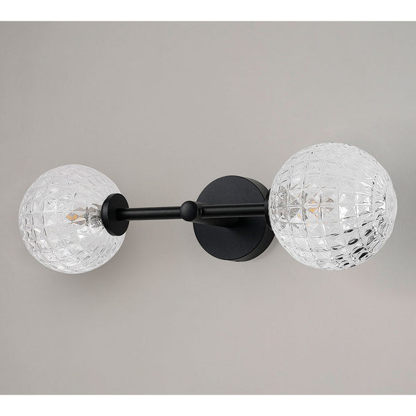 Tenterden Medium Twin Arm IP44 Wall Light in Satin Black with Cross Pattern Round Clear Glass Diffusers