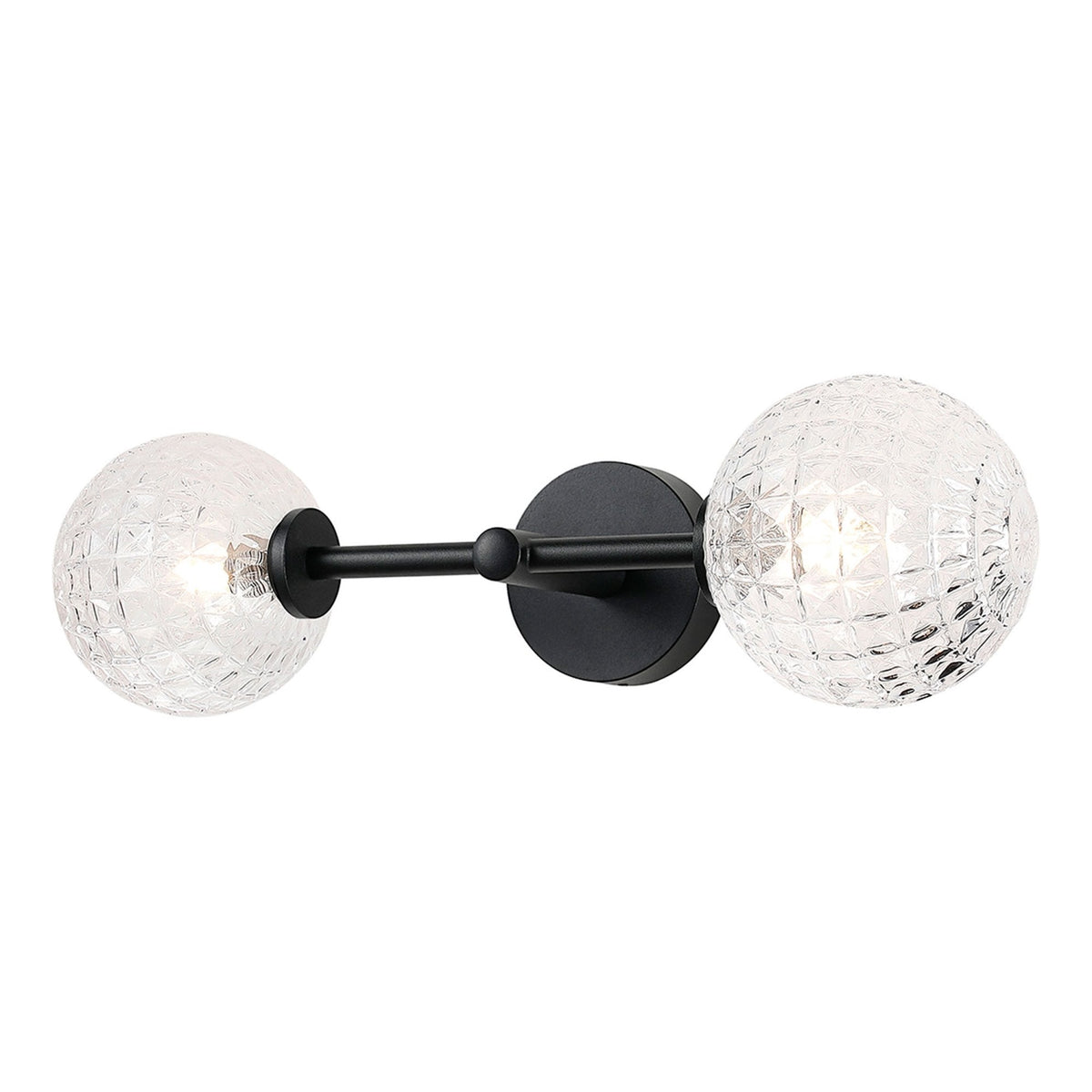 Tenterden Medium Twin Arm IP44 Wall Light in Satin Black with Cross Pattern Round Clear Glass Diffusers
