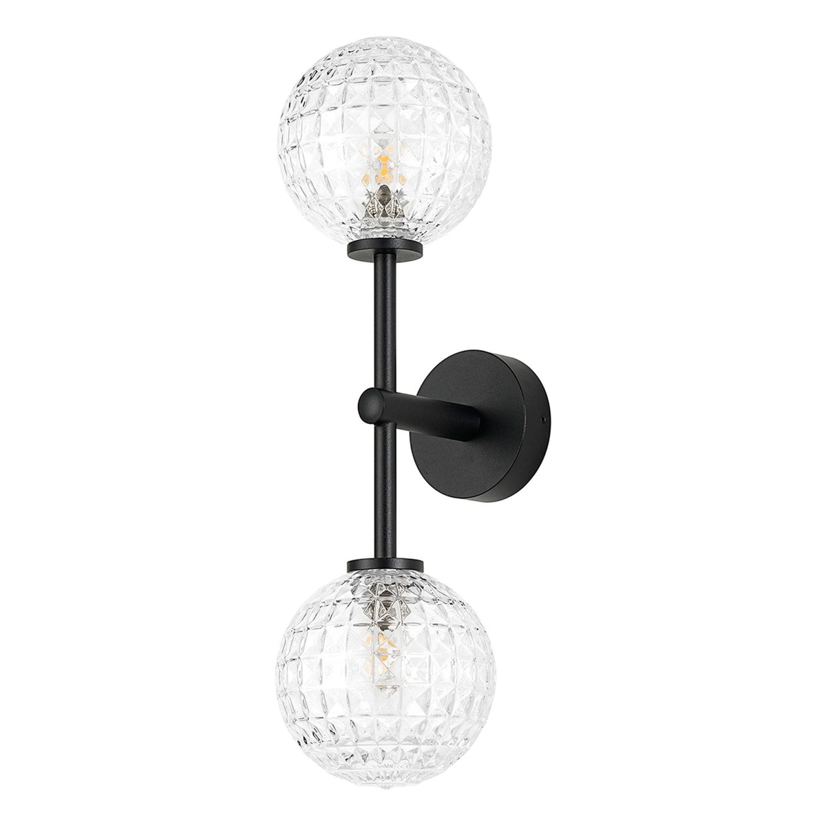 Tenterden Medium Twin Arm IP44 Wall Light in Satin Black with Cross Pattern Round Clear Glass Diffusers