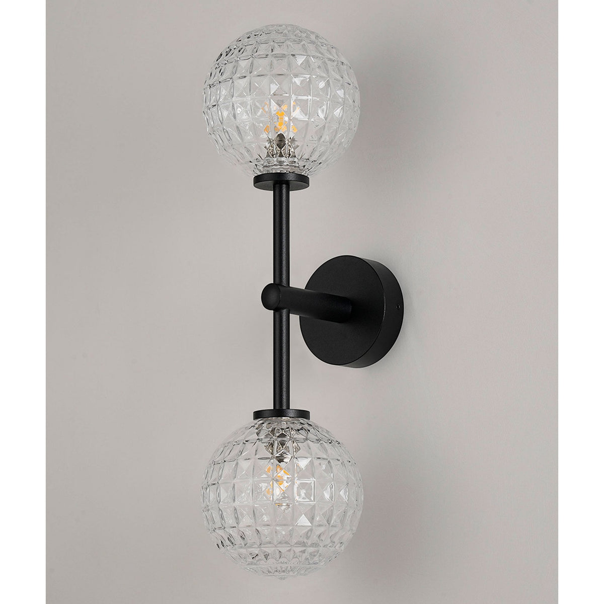 Tenterden Medium Twin Arm IP44 Wall Light in Satin Black with Cross Pattern Round Clear Glass Diffusers