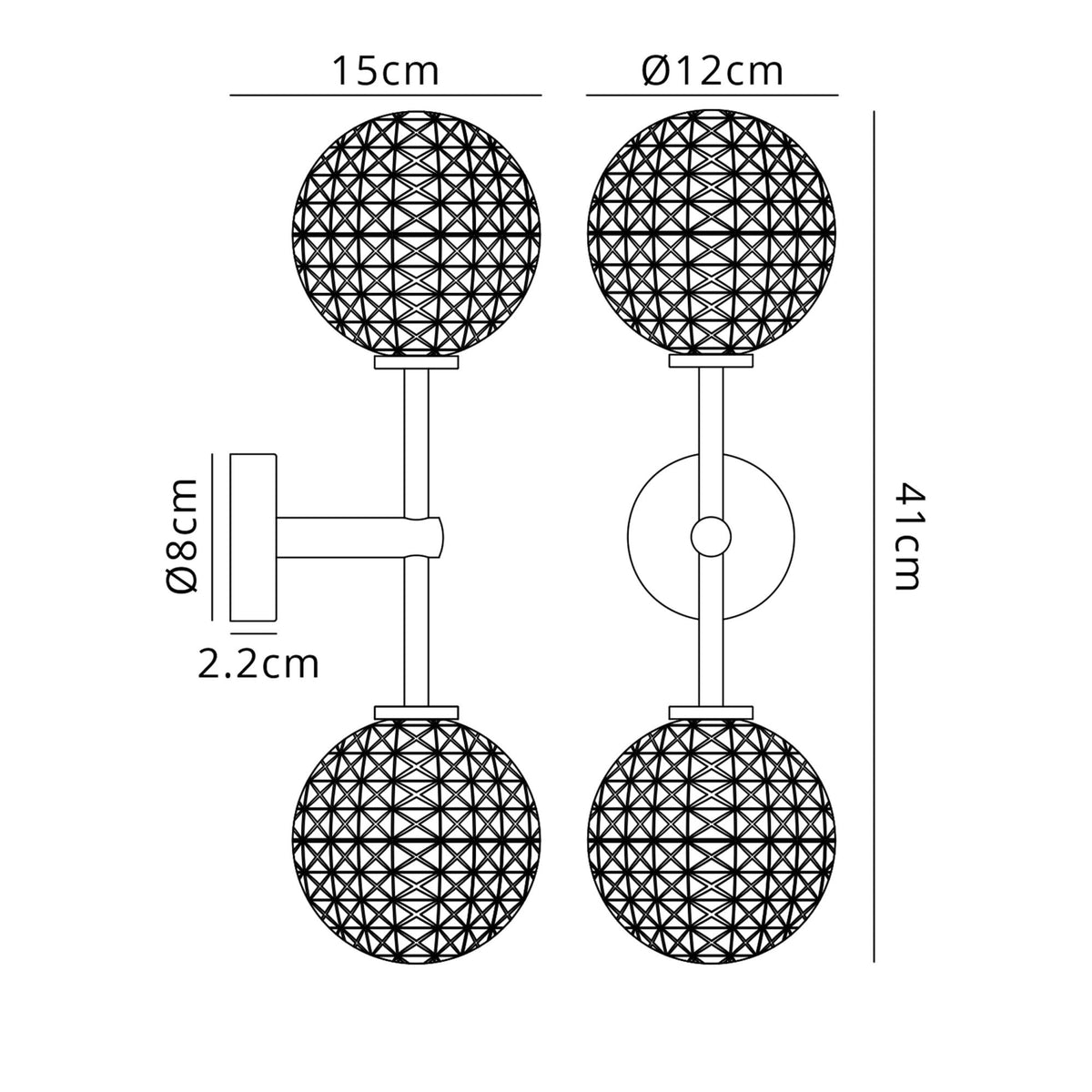 Tenterden Medium Twin Arm IP44 Wall Light in Satin Black with Cross Pattern Round Clear Glass Diffusers