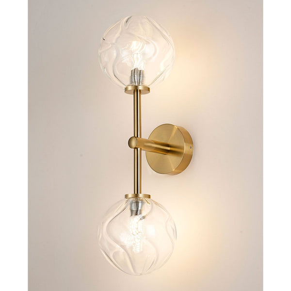 Tenterden Medium Twin Arm IP44 Wall Light in Brass Gold with Waved Round Clear Glass Diffusers