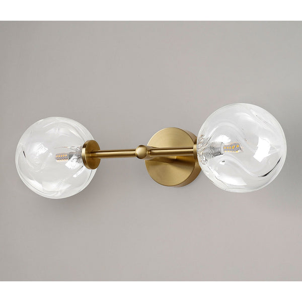 Tenterden Medium Twin Arm IP44 Wall Light in Brass Gold with Waved Round Clear Glass Diffusers