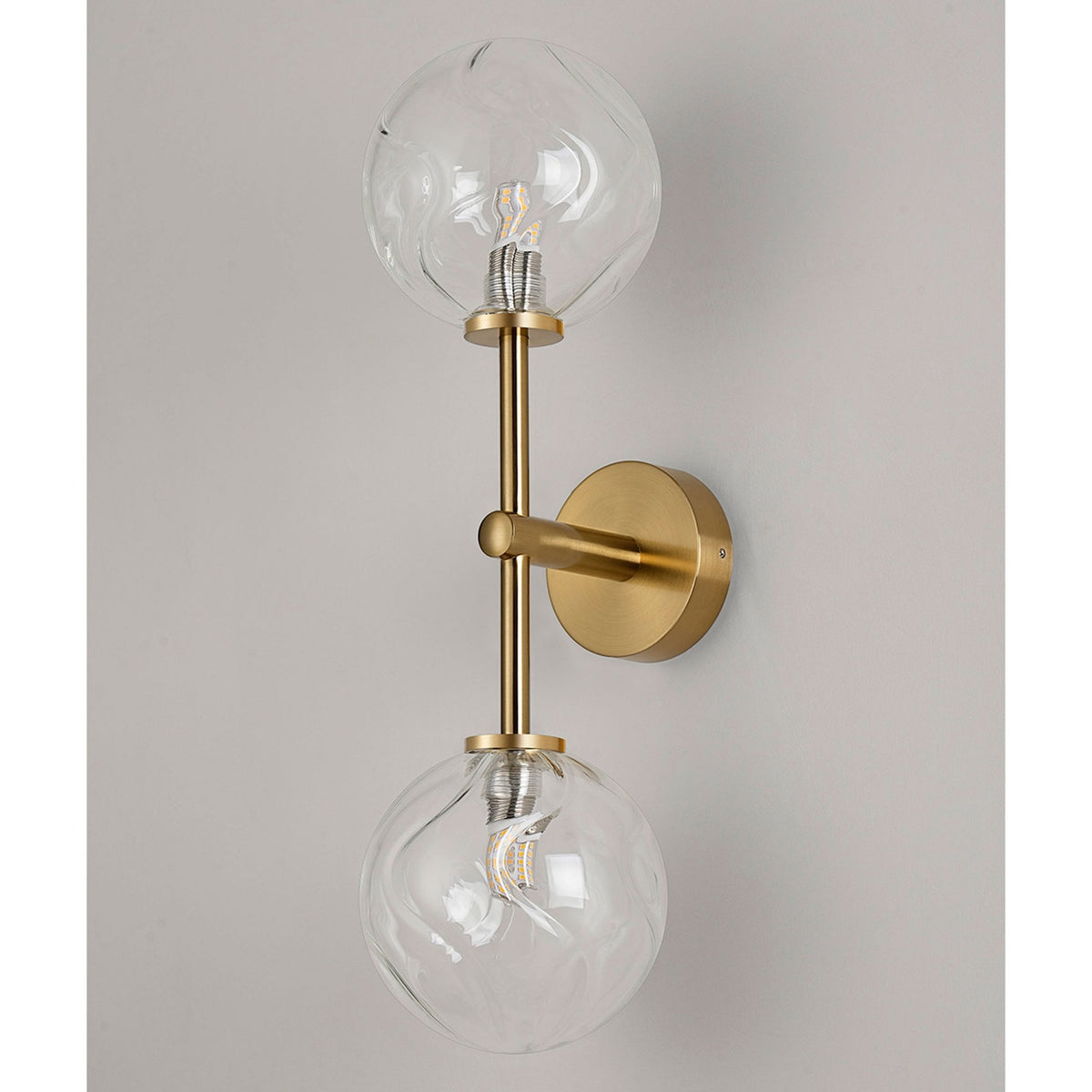 Tenterden Medium Twin Arm IP44 Wall Light in Brass Gold with Waved Round Clear Glass Diffusers