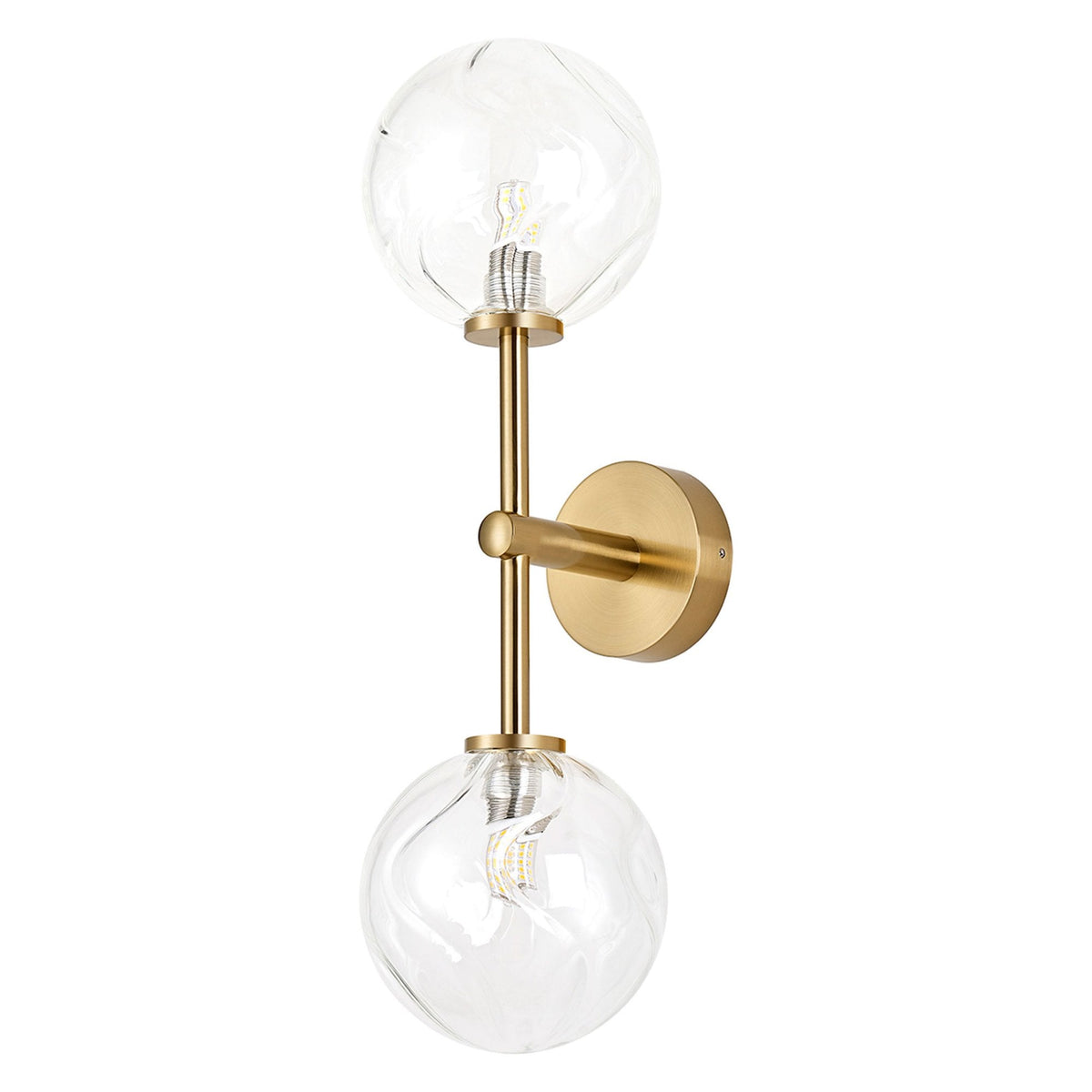Tenterden Medium Twin Arm IP44 Wall Light in Brass Gold with Waved Round Clear Glass Diffusers