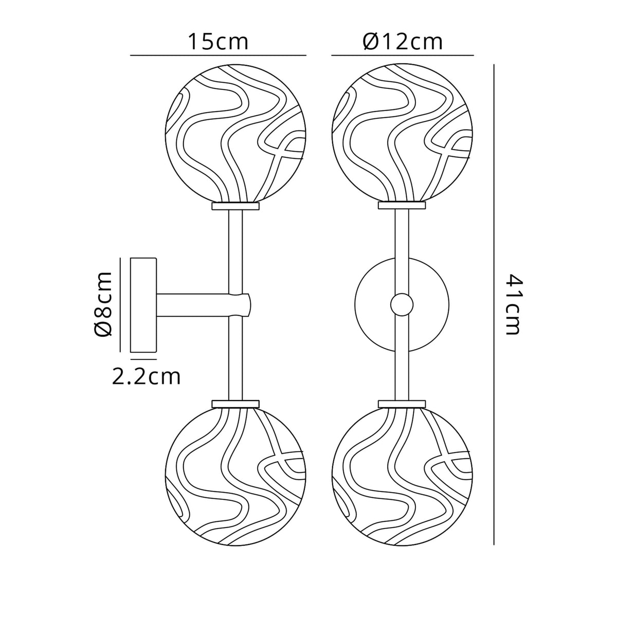 Tenterden Medium Twin Arm IP44 Wall Light in Brass Gold with Waved Round Clear Glass Diffusers