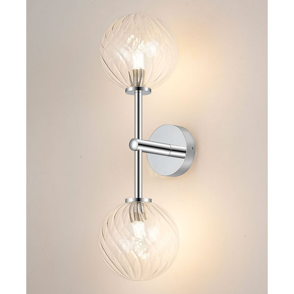 Tenterden Medium Twin Arm IP44 Wall Light in Chrome with Swirl Round Clear Glass Diffusers