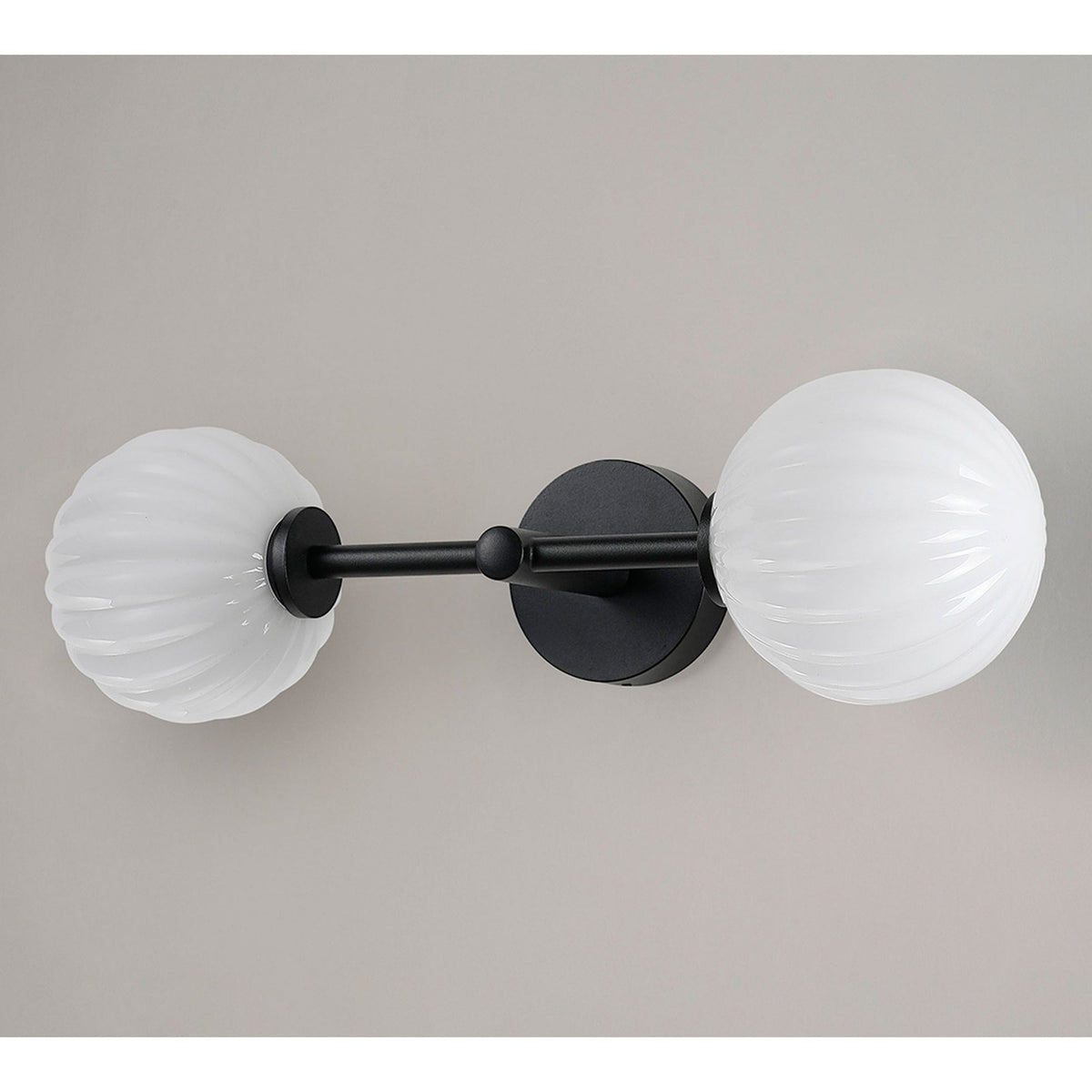 Tenterden Medium Twin Arm IP44 Wall Light in Satin Black with Segment Round Opal Glass Diffusers