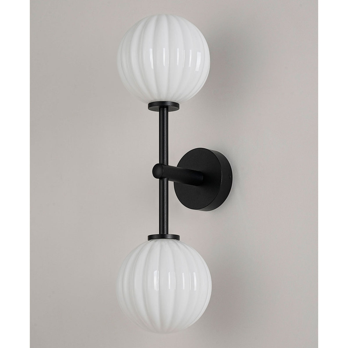 Tenterden Medium Twin Arm IP44 Wall Light in Satin Black with Segment Round Opal Glass Diffusers