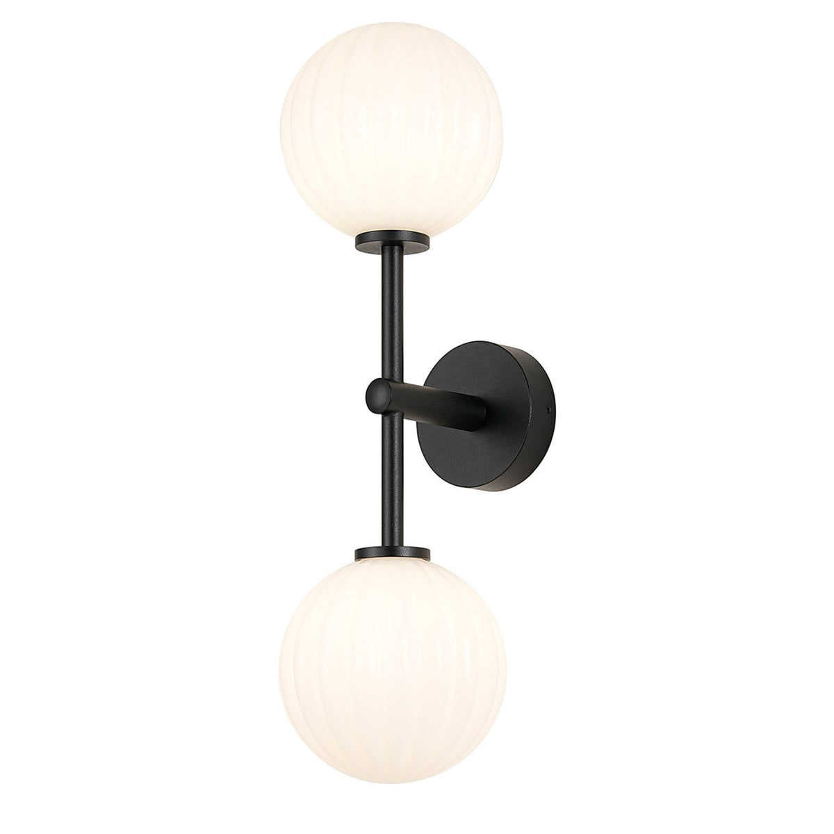 Tenterden Medium Twin Arm IP44 Wall Light in Satin Black with Segment Round Opal Glass Diffusers