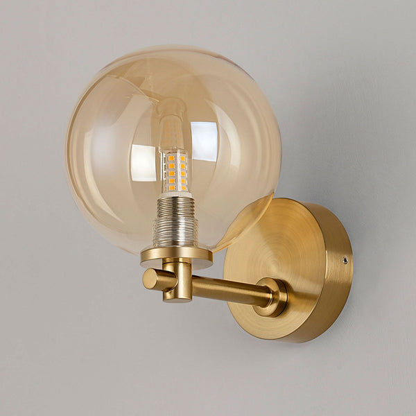 Tenterden Short Arm IP44 Wall Light in Brass Gold with Smooth Round Amber Glass Diffuser