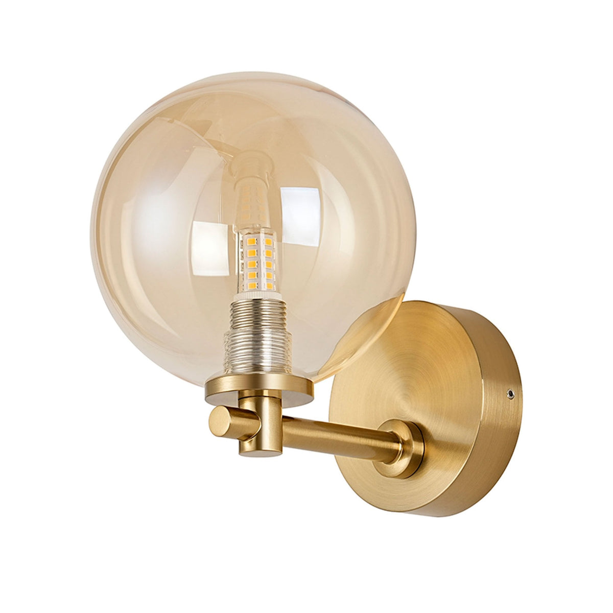 Tenterden Short Arm IP44 Wall Light in Brass Gold with Smooth Round Amber Glass Diffuser