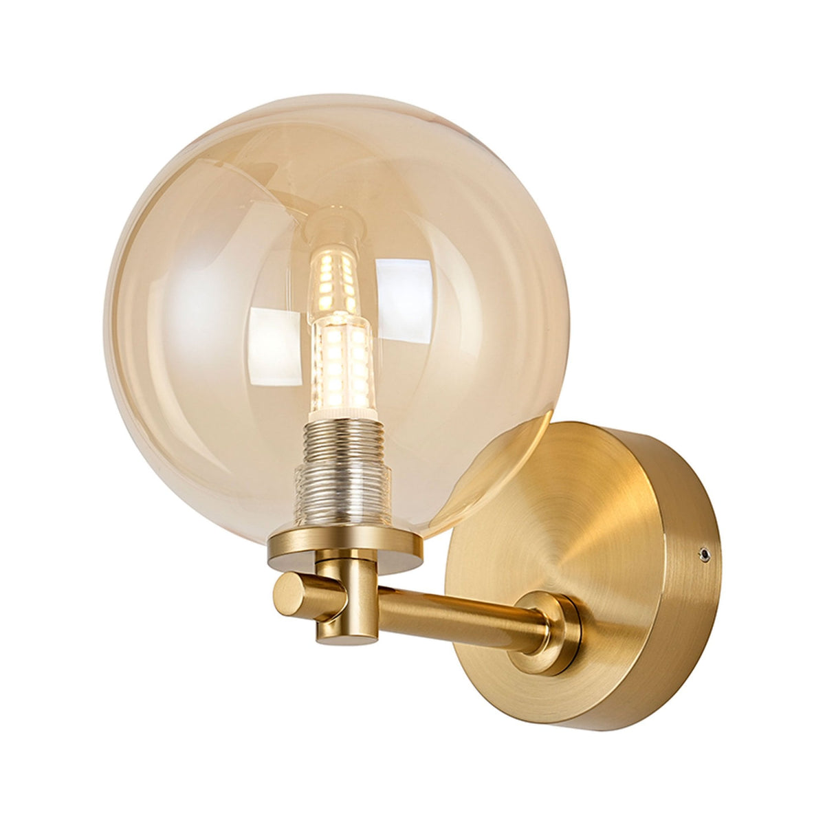 Tenterden Short Arm IP44 Wall Light in Brass Gold with Smooth Round Amber Glass Diffuser