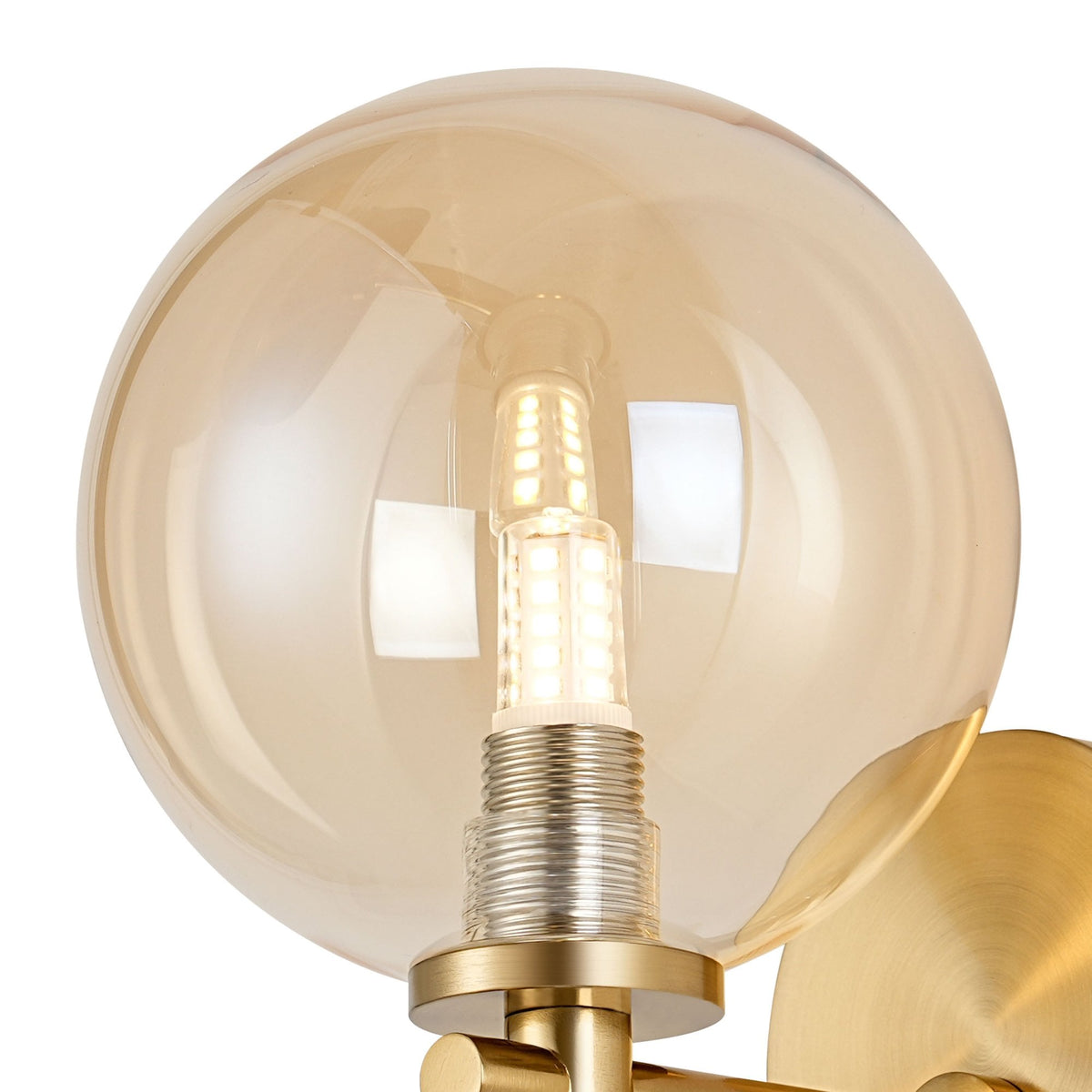 Tenterden Short Arm IP44 Wall Light in Brass Gold with Smooth Round Amber Glass Diffuser